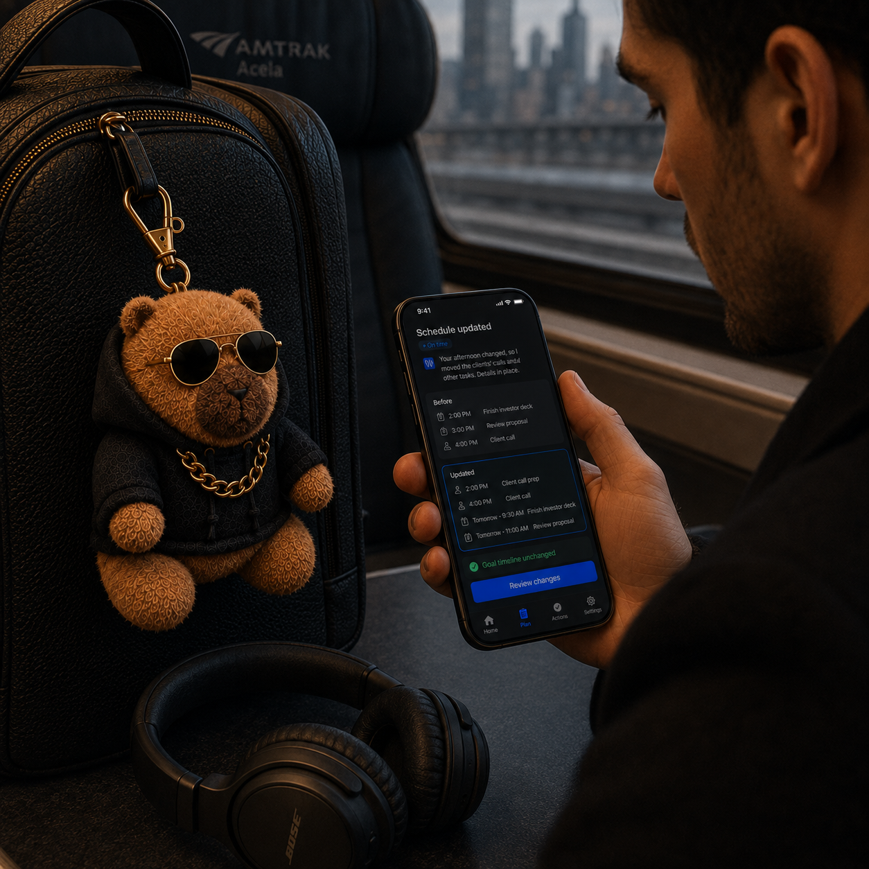A traveler reviewing a proposed schedule update beside a backpack and companion