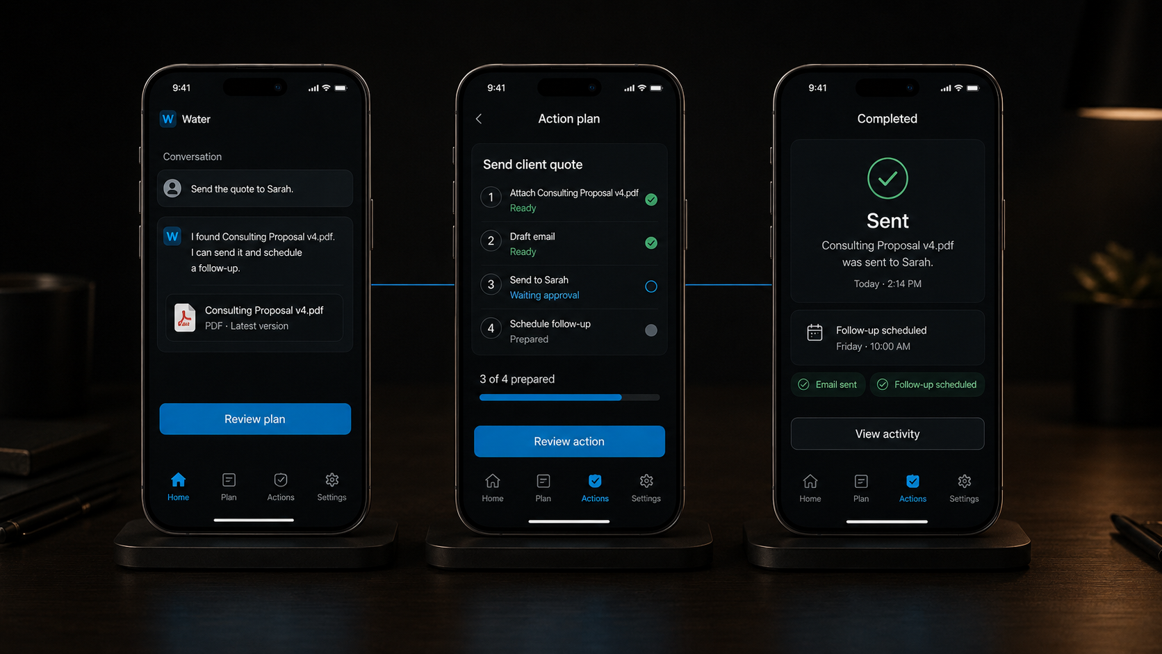 A three-step mobile workflow from conversation to completed action
