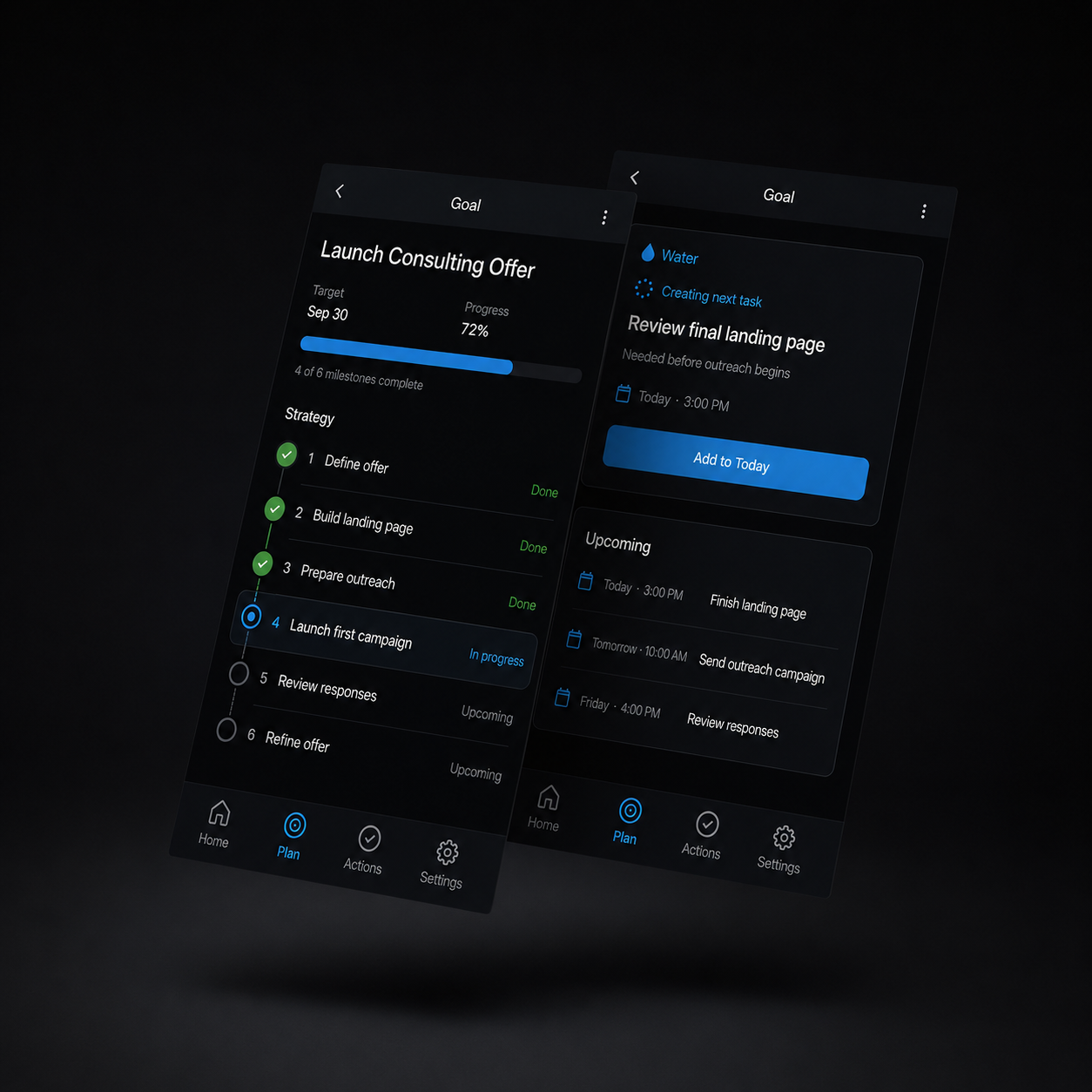Two floating mobile screens showing a goal and its next action